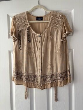Taupe Embroidered Button-Front Boho Romantic Blouse with Tie Back
